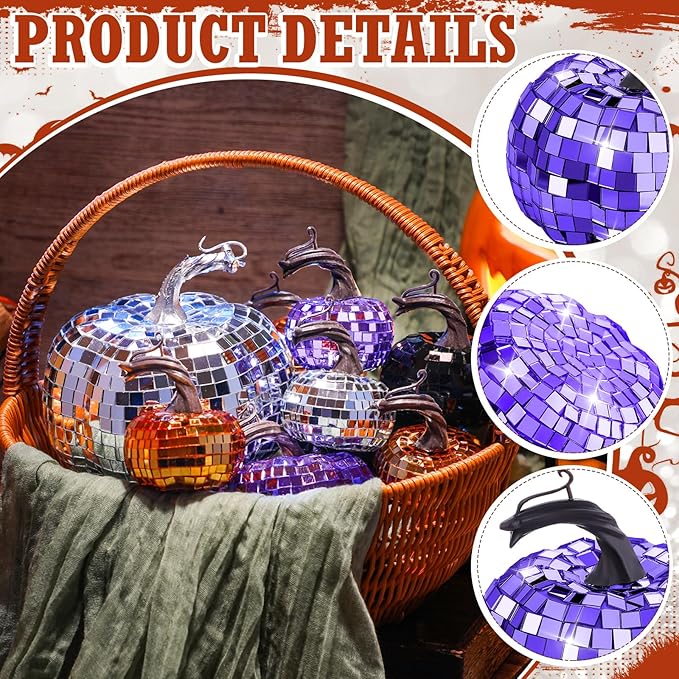 Lenwen 12 Pcs Artificial Disco Pumpkin Glitter Mirror Pumpkin - Image 4