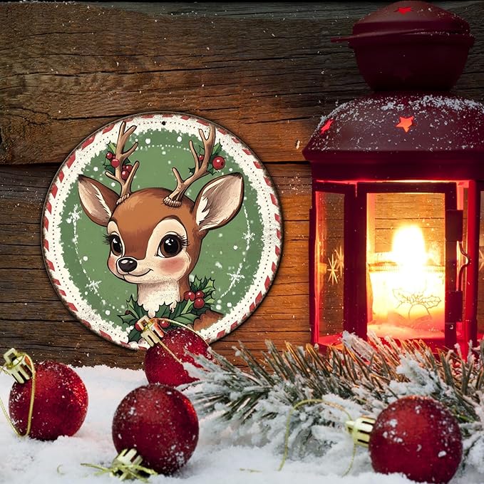 Round Retro Reindeer Metal Tin Sign - Image 5