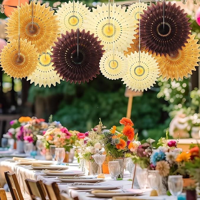 Outus 12 Pcs Hanging Honeycomb Paper Fans Sets, Fiesta Brown and Beige Party - Image 5