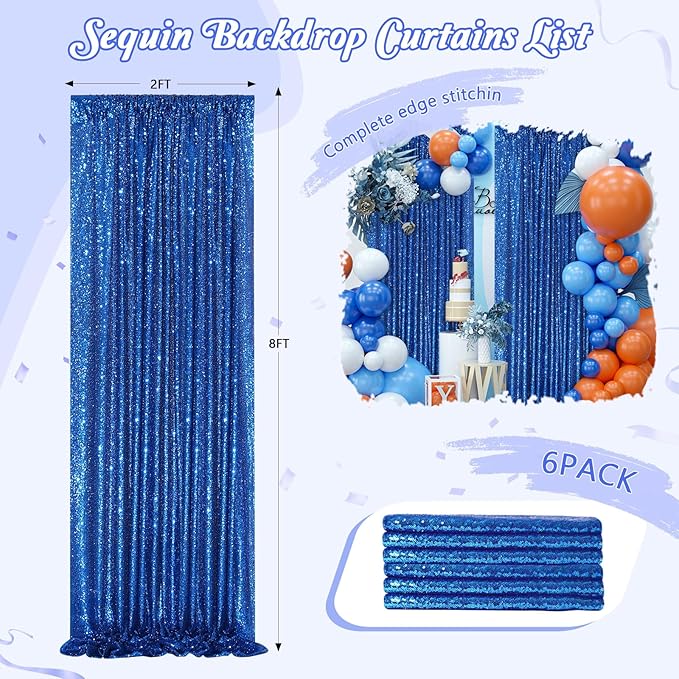 Royal Blue Curtain Panels Sequin Backdrop 6 Pieces 2ftx8ft Sparkly Curtain - Image 2