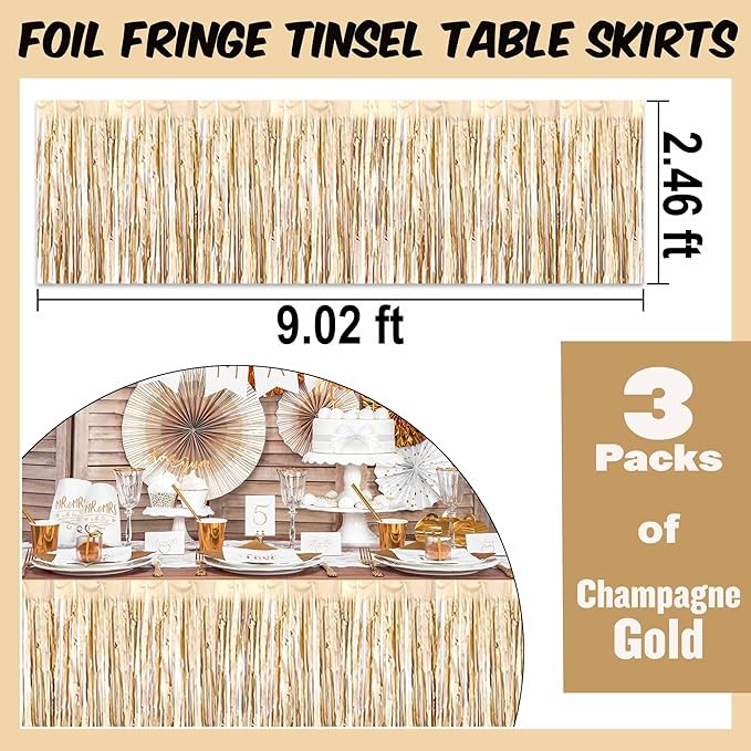3 Pack 29 x108 Inch Champagne Gold Foil Fringe Table Skirts Metallic Banner - Image 3