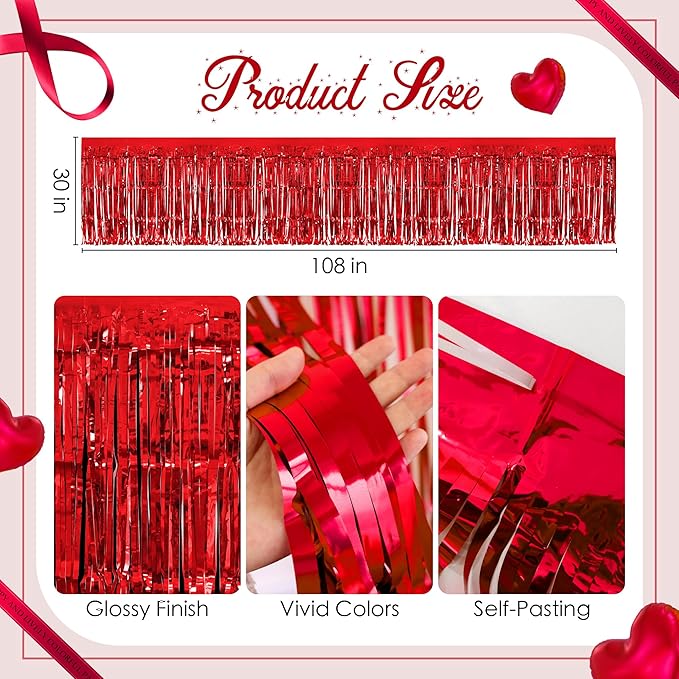 2 Pack Red Table Skirts, 29x108" Metallic Foil Tinsel Fringe Table Skirts - Image 3