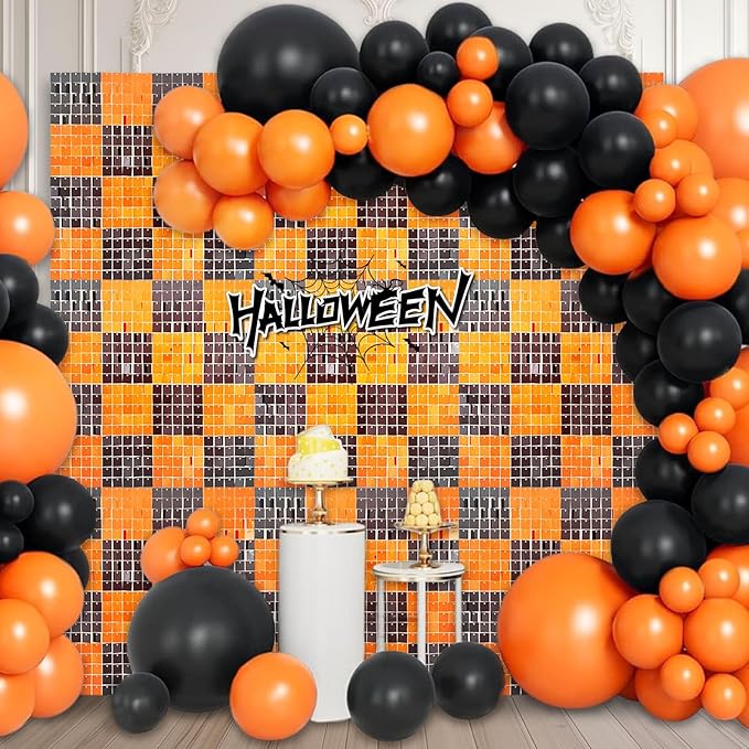 12PCS Black Orange Shimmer Wall Backdrop, Square Sequin Photo Backdrops Panel by ZEBMOON