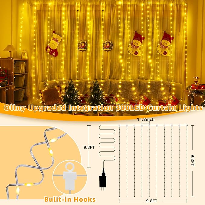 Ollny Curtain Lights 300LED 9.8ftx9.8ft, Connectable IP67 Waterproof Outdoor - Image 2