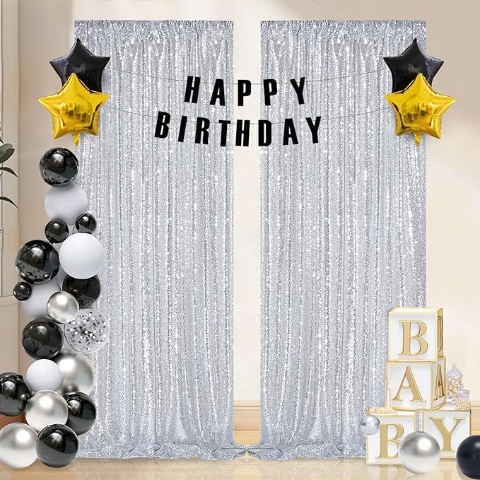 Sequin Backdrop Curtains 6ft x 8ft Silver Background Wedding Decoration Panels by QueenDream