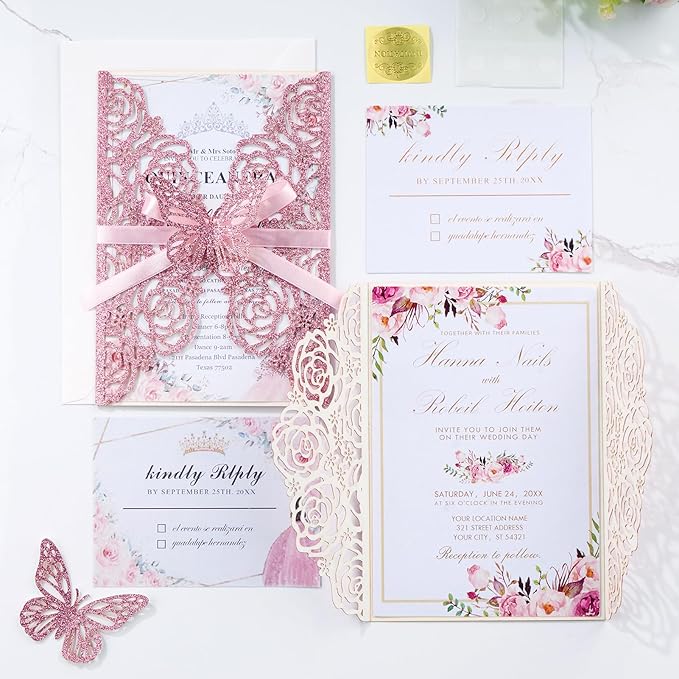 50PCS Pink Wedding Invitations Butterfly Laser Cut Invitation - Image 7