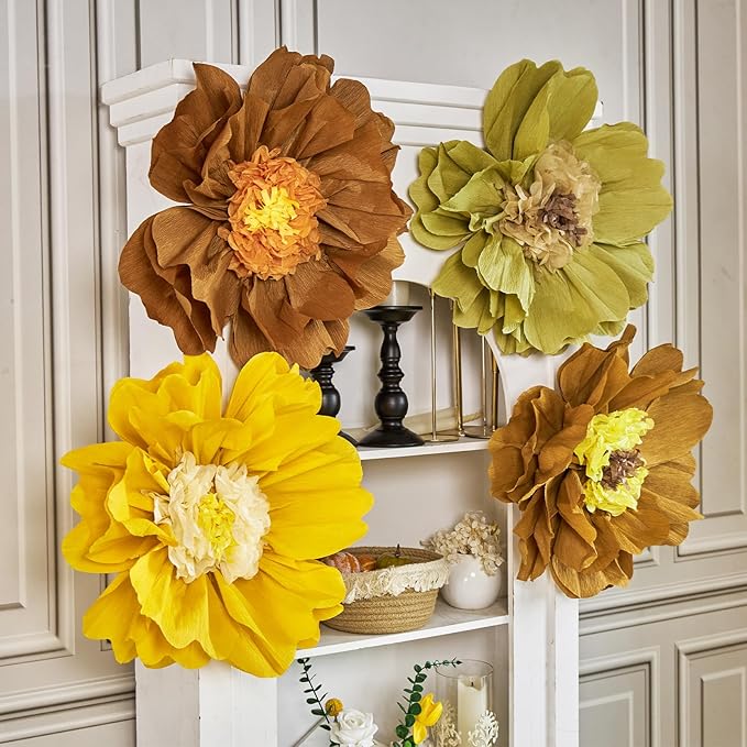 4 PCS 20" Brown Yellow Giant Paper Flowers Boho Baby Shower Party Decorations - Image 8