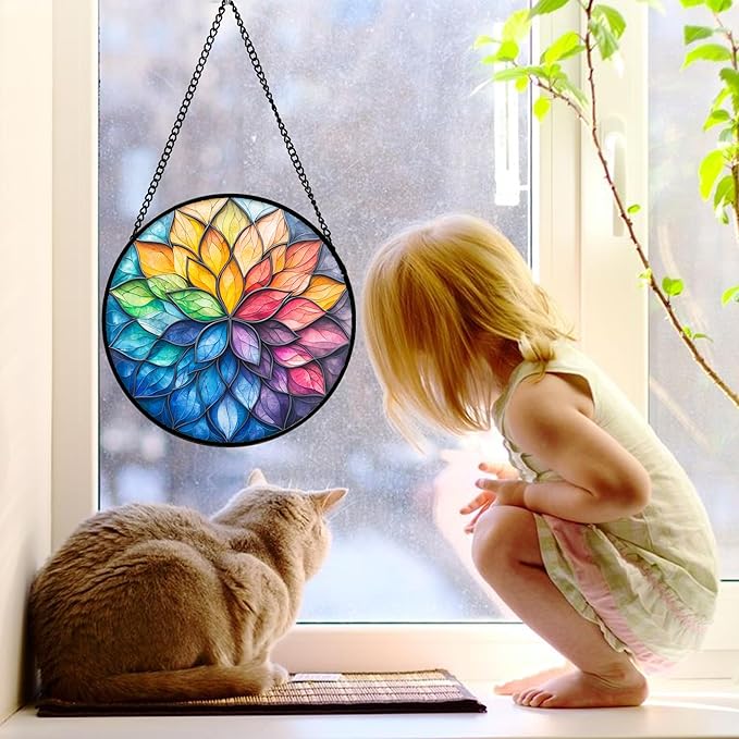 Stained Glass Window Hanging, Colorful Flower Petals Sun Catchers Diamond Glass - Image 2