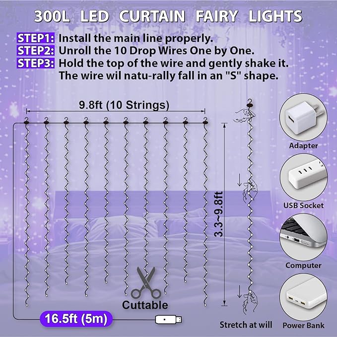 HXWEIYE 300LED Fairy Curtain Lights, 9.8x9.8Ft USB Plug-in 8 Modes Christmas - Image 5