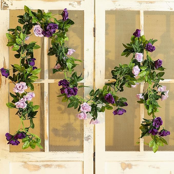 Veryhome 3PCS 23.7FT Artificial Purple Rose Flower Garland, Silk Hanging Floral - Image 5