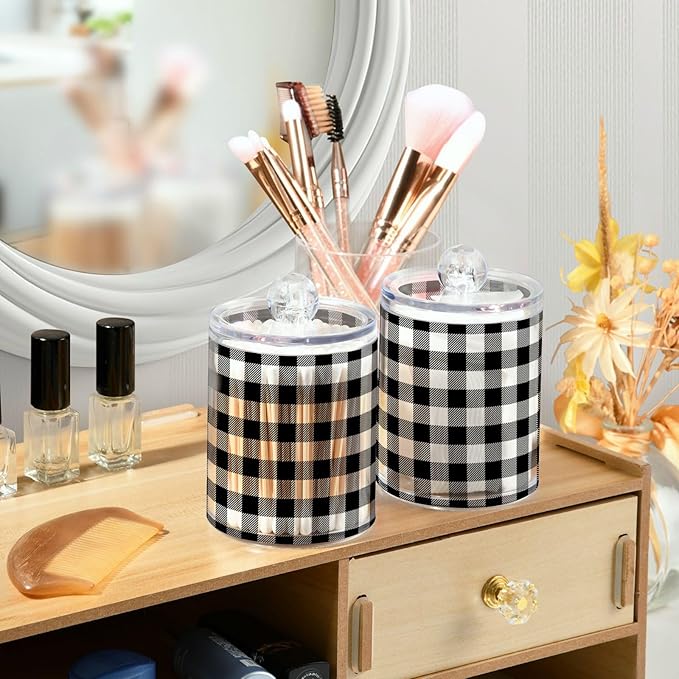 Gredecor Qtip Holder Dispenser 2 Pack Black White Classic Buffalo Plaid - Image 6
