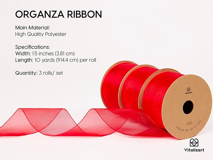 Vitalizart Red Organza Ribbon 1.5" x 30 Yd Sheer Ribbons - Image 2