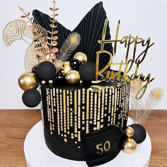 Boho Cake Topper Black Gold Balls Cake Topper Gold Leaves Cake Decorations Prom - Image 6