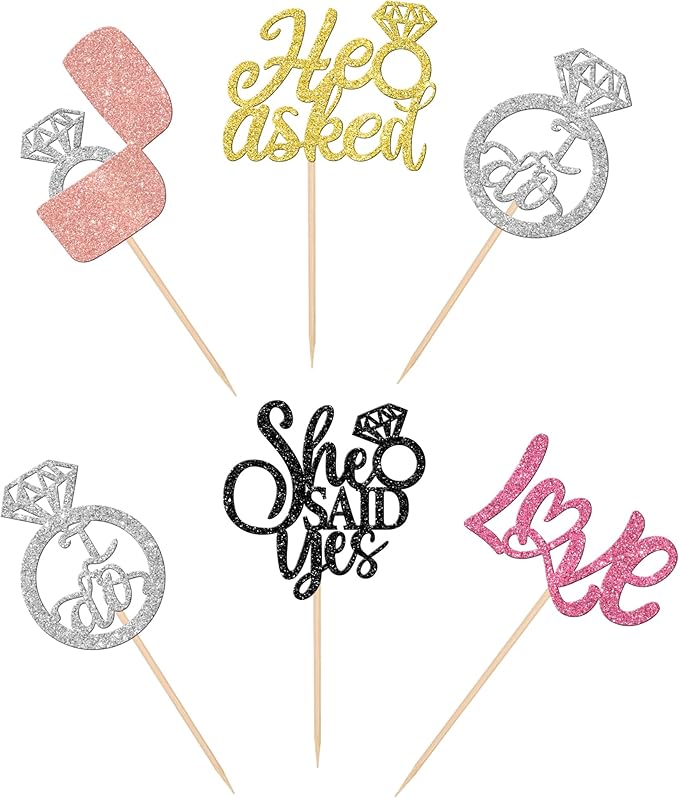 30 PCS He Asked She Said Yes Cupcake Toppers Diamond Ring Cupcake Picks Love I - Image 3