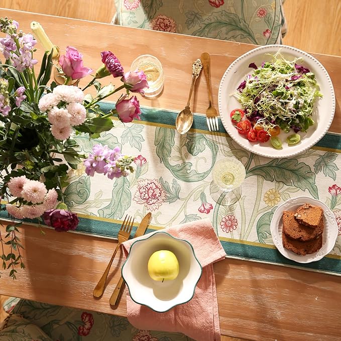 patdrea Designer Green Floral Table Runner, French Elegant Vibrant Rustic Linen - Image 4