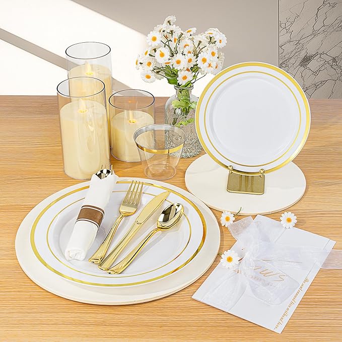 BESTVIP 700PCS Gold Plastic Dinnerware Set - Image 4