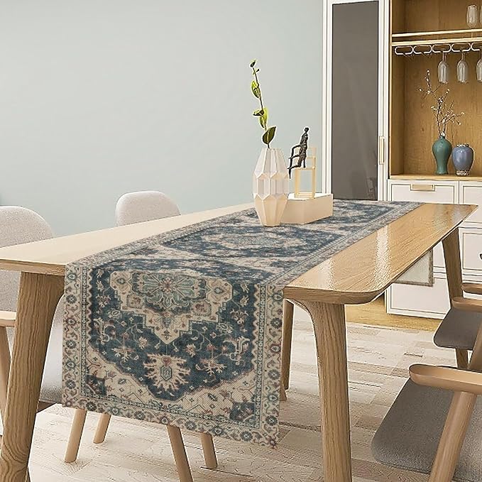 Boho Bohemia Style Table Runner, Vintage Blue Retro Flower Rustic Country Style - Image 3