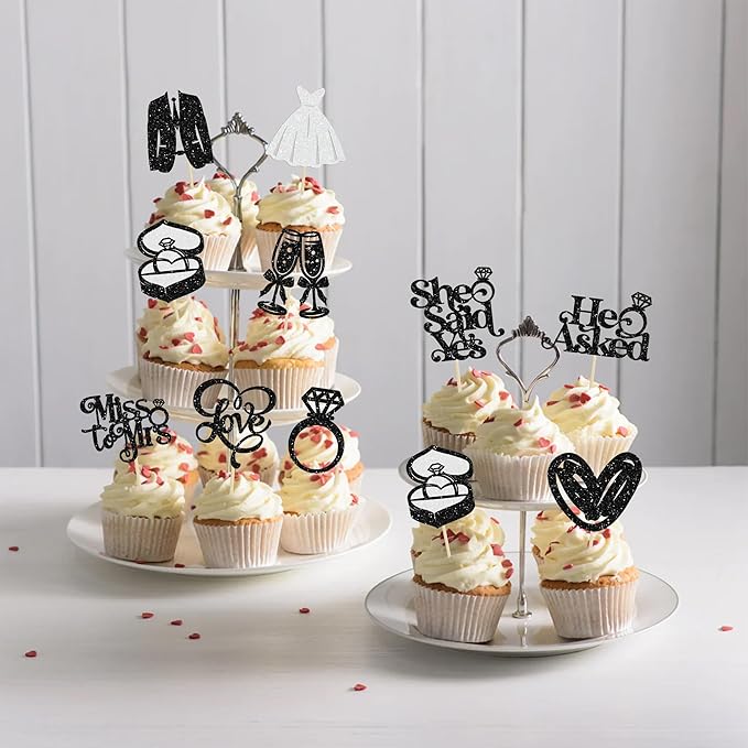 Gyufise 30Pcs She Said Yes Cupcake Toppers Glitter Diamond Ring I Do Love - Image 4
