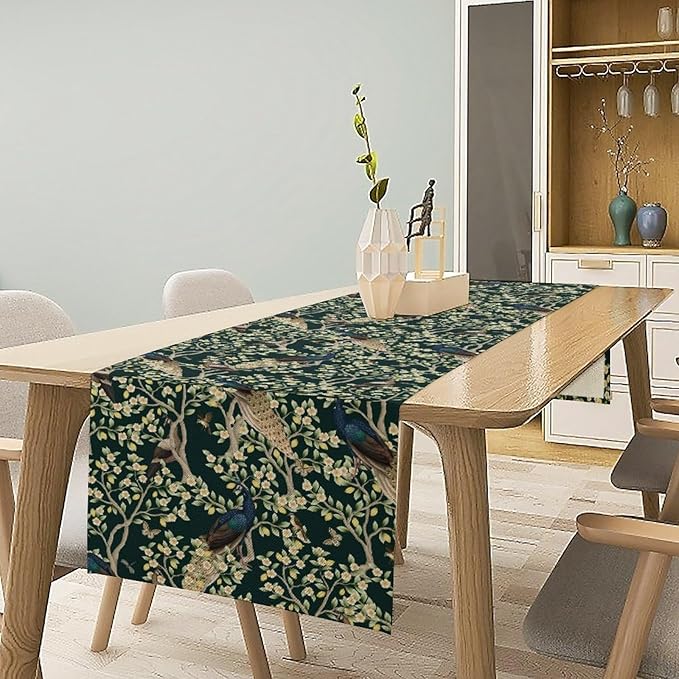 Peacock Table Runner, Retro Floral Plants Peacock Table Runner - Image 2