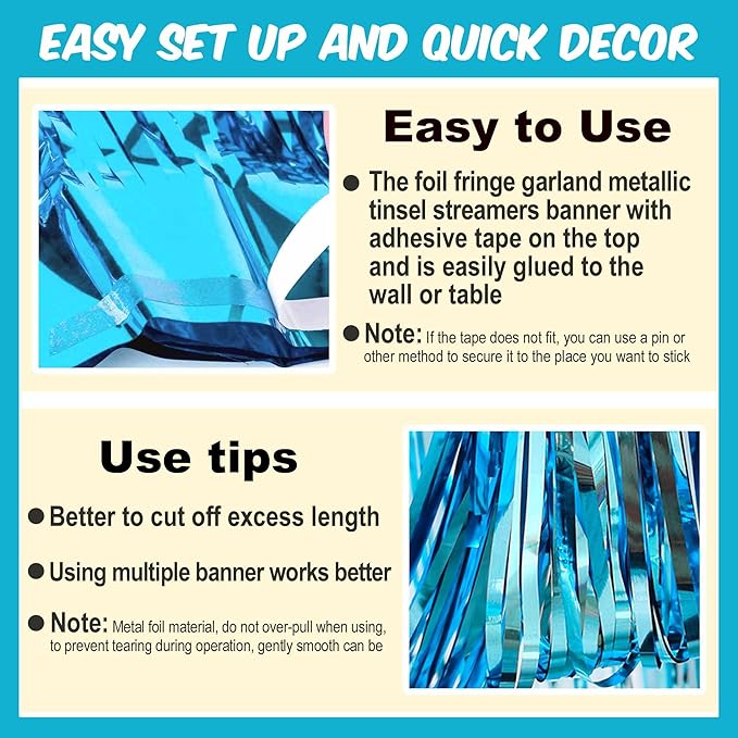 6 Pack 10 Ft Light Blue Foil Fringe Garland Metallic Streamers Tinsel Banner - Image 3