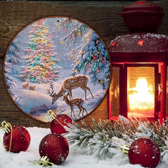 Christmas Tree Decor Round Metal Tin Sign Christmas Deer Vintage Tin Sign - Image 5