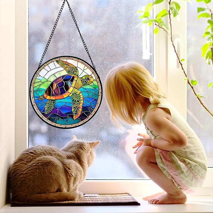Stained Glass Window Hanging, Colored Turtle Ocean Suncatcher Diamond Glass - Image 2