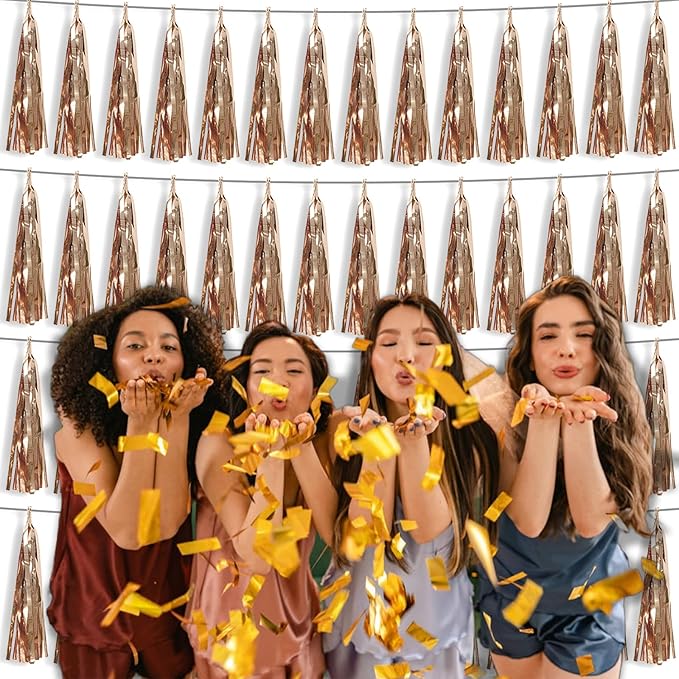 4P Champagne Gold Foil Fringe Tassel Banner Garland Metallic Tinsel Streamers - Image 6