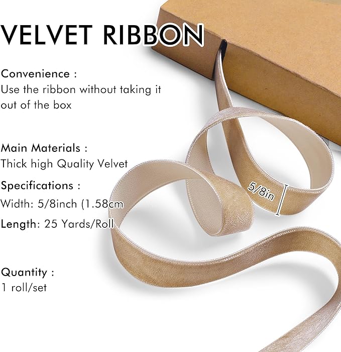 Khaki Velvet Ribbon 5/8'' 25 Yards - Image 2