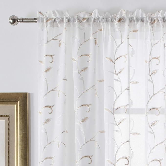 VISIONTEX White Sheer Voile Curtains, Decorative Beige Leaves Embroidery Faux by VISIONTEX