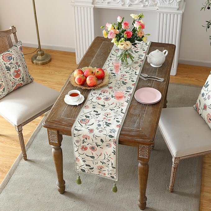 ISAENNE Designer Chinoiserie Elegant Linen Floral Table Runner 102 Inches Long - Image 7