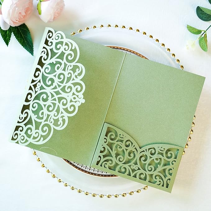 ponatia 5.12 x 7.2 Sage Green Laser Cut Wedding Invitations - Image 3