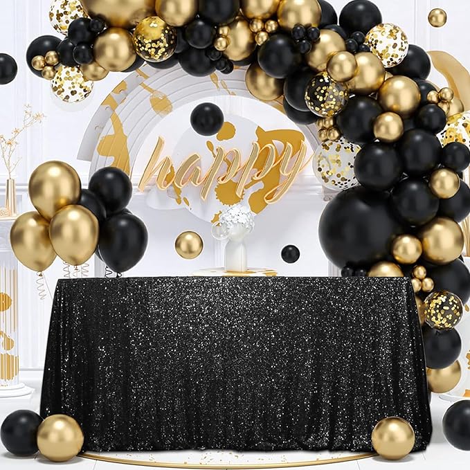 SquarePie Sequin Tablecloth 90 x 132 Inch Black Sparkly Table Linen - Image 2