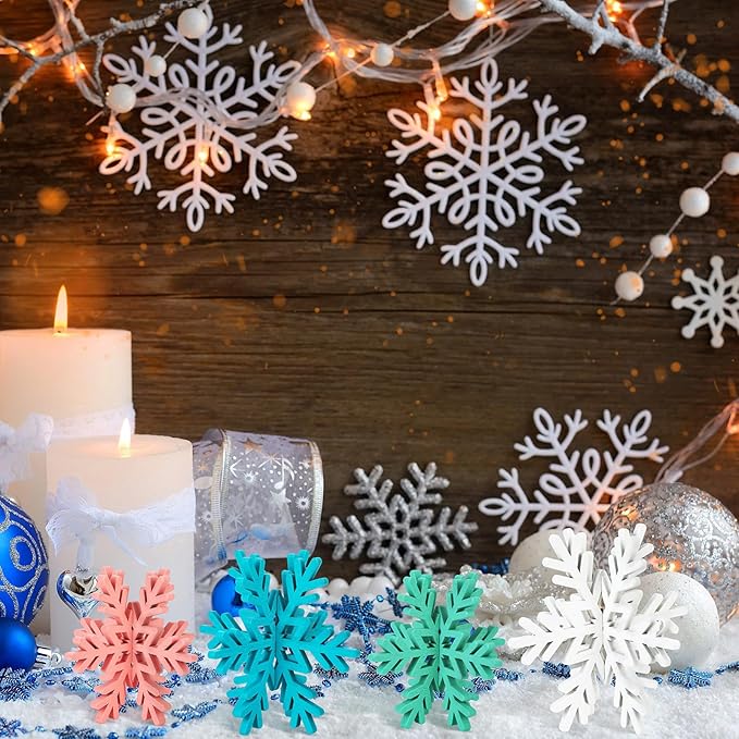 Bucherry 12 Pcs Wooden Snowflake Table Decor 3D Snowflake Tabletop Signs and - Image 7