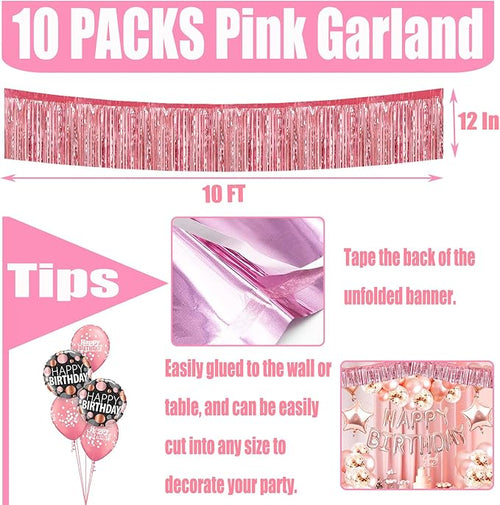 10 Pack 10 Feet Pink Foil Fringe Garland Metallic Tinsel Streamers Banner Wall - Image 2