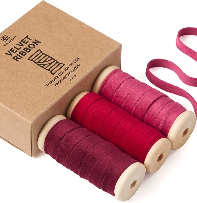 Vitalizart Red Velvet Ribbon Set 3/8" x 15 Yd Burgundy Fabric Trim 3 Rolls * 5 by Vitalizart