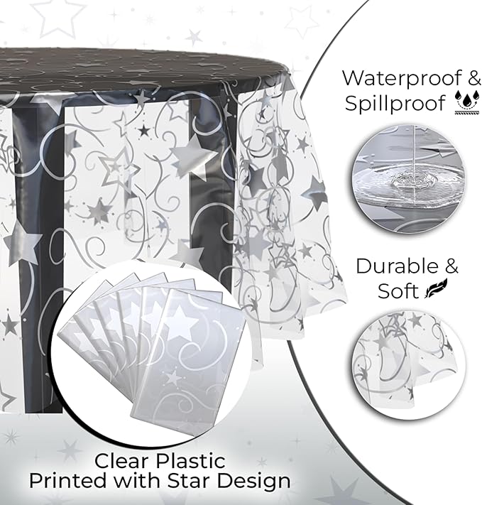 Exquisite Clear Silver Star Tablecloth Plastic 12-Pack Disposable Round - Image 4