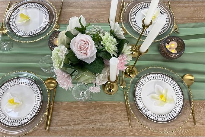 EHLDekol 13ft Sage Green Chiffon Table Runner, 29x156 Inches Romantic and - Image 2
