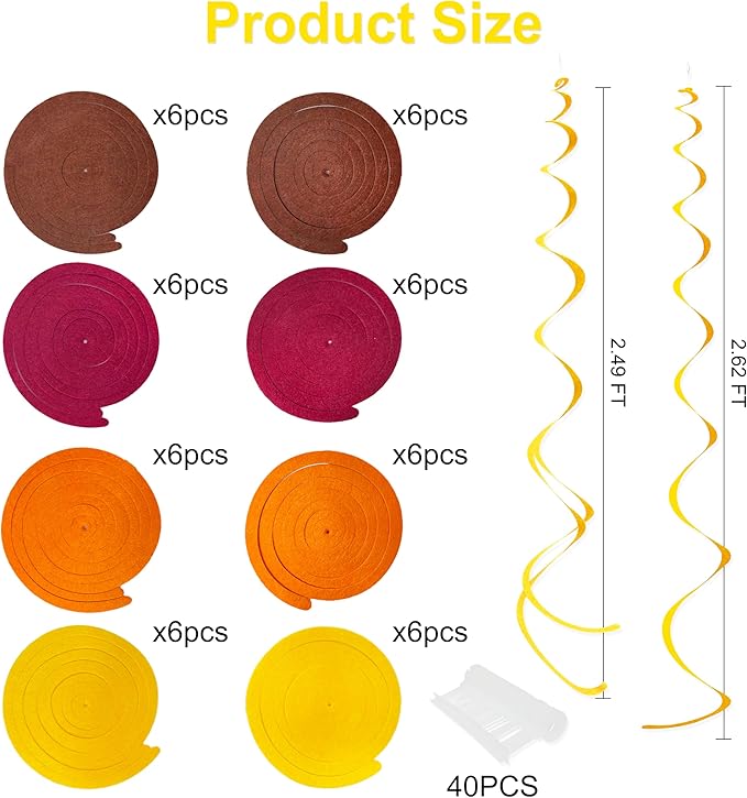 36 Pcs Fall Hanging Swirl Decorations Brown Burgundy Orange Yellow Felt Swirl - Image 2