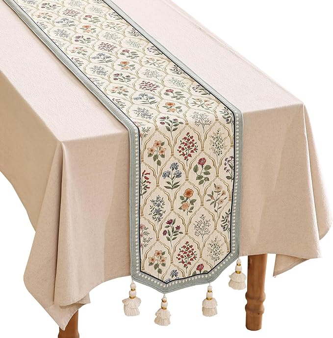 ISAENNE Designer Vintage Elegant Linen Table Runner 118 Inches Extra Long by Isaennehomedecoration