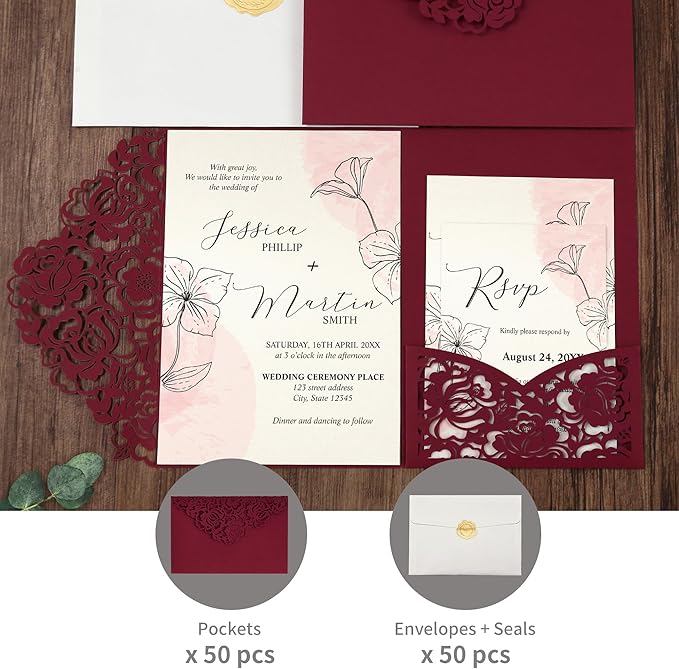DORIS HOME 50pcs Laser Cut Wedding Invitation Pockets - Image 6