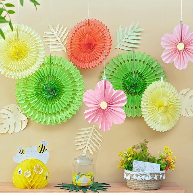 SUNBEAUTY Paper Flowers Pink and Green Party Decorations Hanging Fans Spring - Image 6
