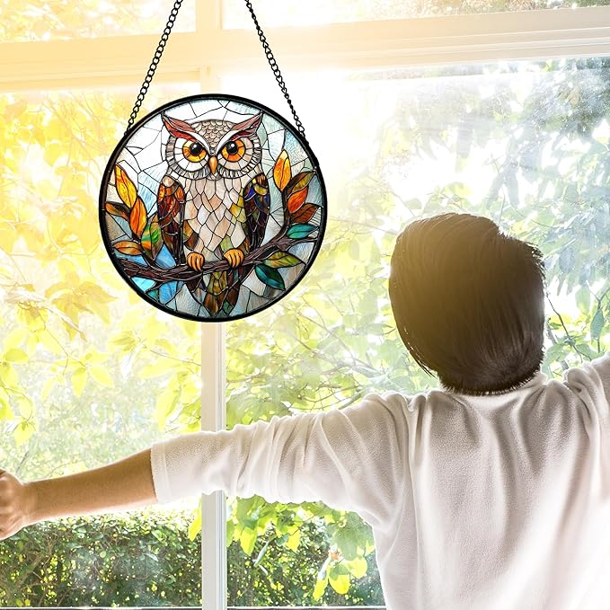 Stained Glass Window Hanging, Owl Colorful Leaves Birds Sun Catchers Diamond - Image 3