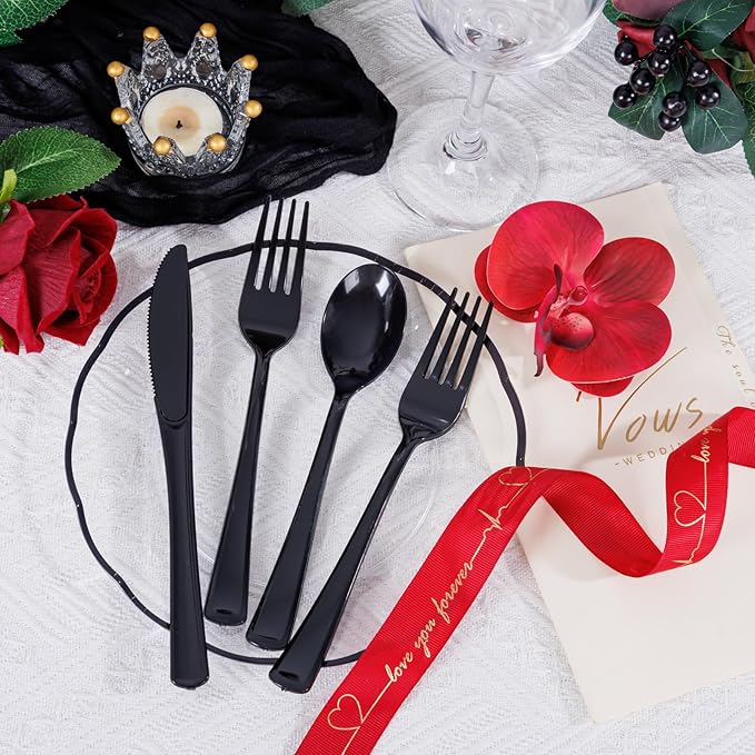 Supernal 300 Pieces Black Plastic Silverware Disposable Cutlery Black - Image 9