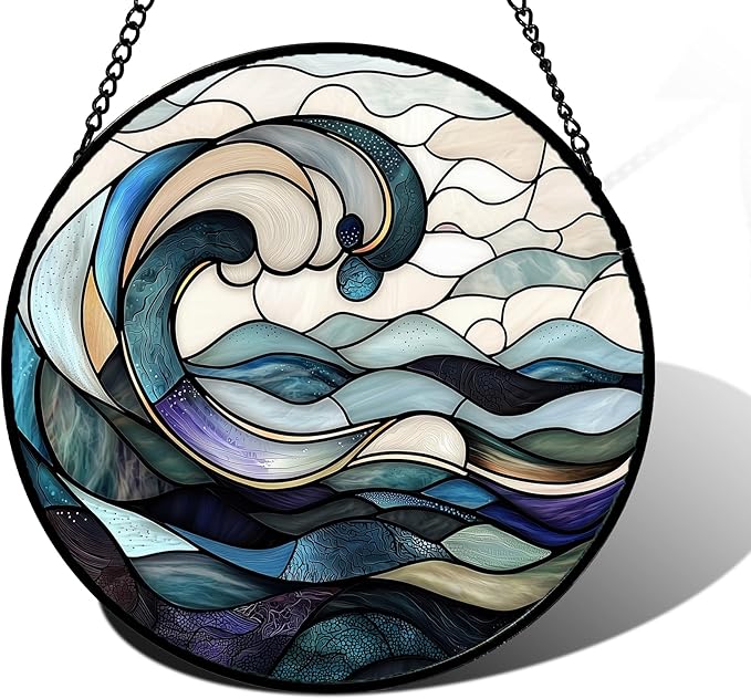 Stained Glass Window Hanging, Ocean Waves Sun Catchers Diamond Glass Panel by DASTOLL