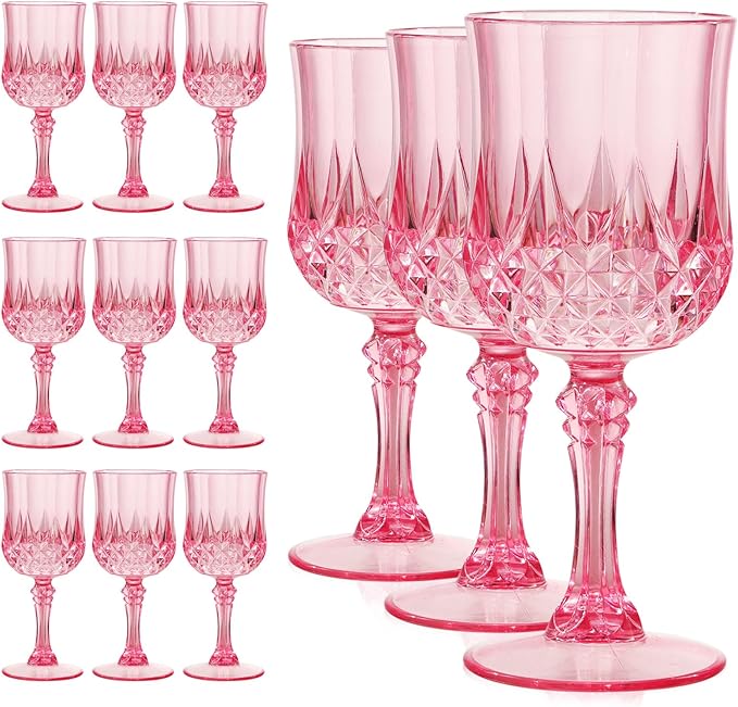 Pink Plastic Wine Glasses 7oz – 12 Pcs Unbreakable Pink Plastic Goblets by CALBODE