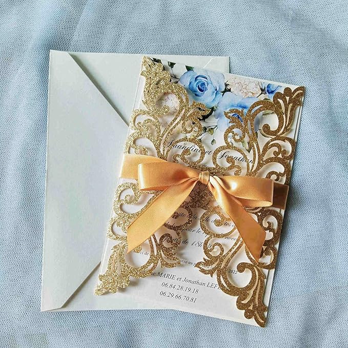 25PCS Gold Glitter Laser Cut Wedding Invitations Cards - Image 5