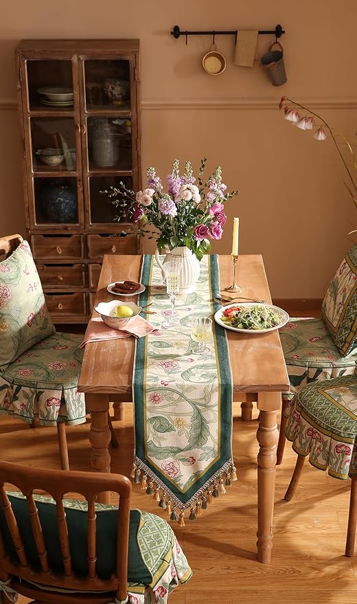 patdrea Designer Green Floral Table Runner, French Elegant Vibrant Rustic Linen - Image 7