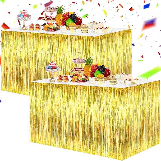 BEISHIDA 2 Pack Gold Metallic Tinsel Foil Fringe Table Skirts by Beishida
