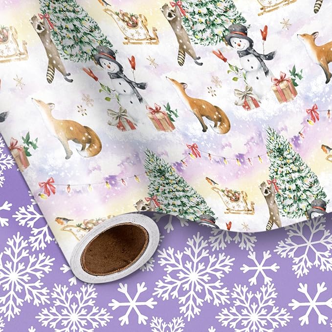 LeZakaa Christmas Reversible Wrapping Paper Roll, Watercolor Winter Forest by LeZakaa