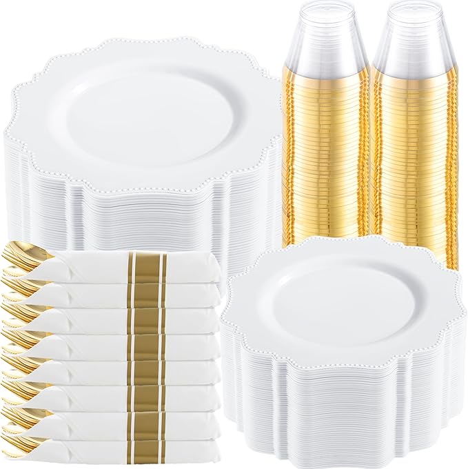 COLOSUS 350pcs White Plastic Plates Disposable Gold Cutlery Dinnerware set by COLOSUS